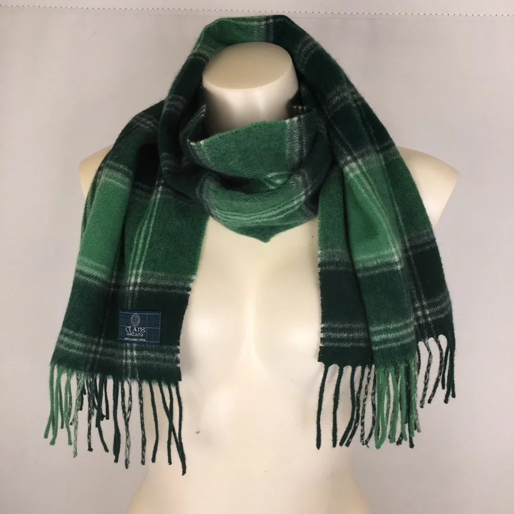 Clans Of Scotland 100% Lambswool Scottish Tartan Clan Scarf Plaid Green White